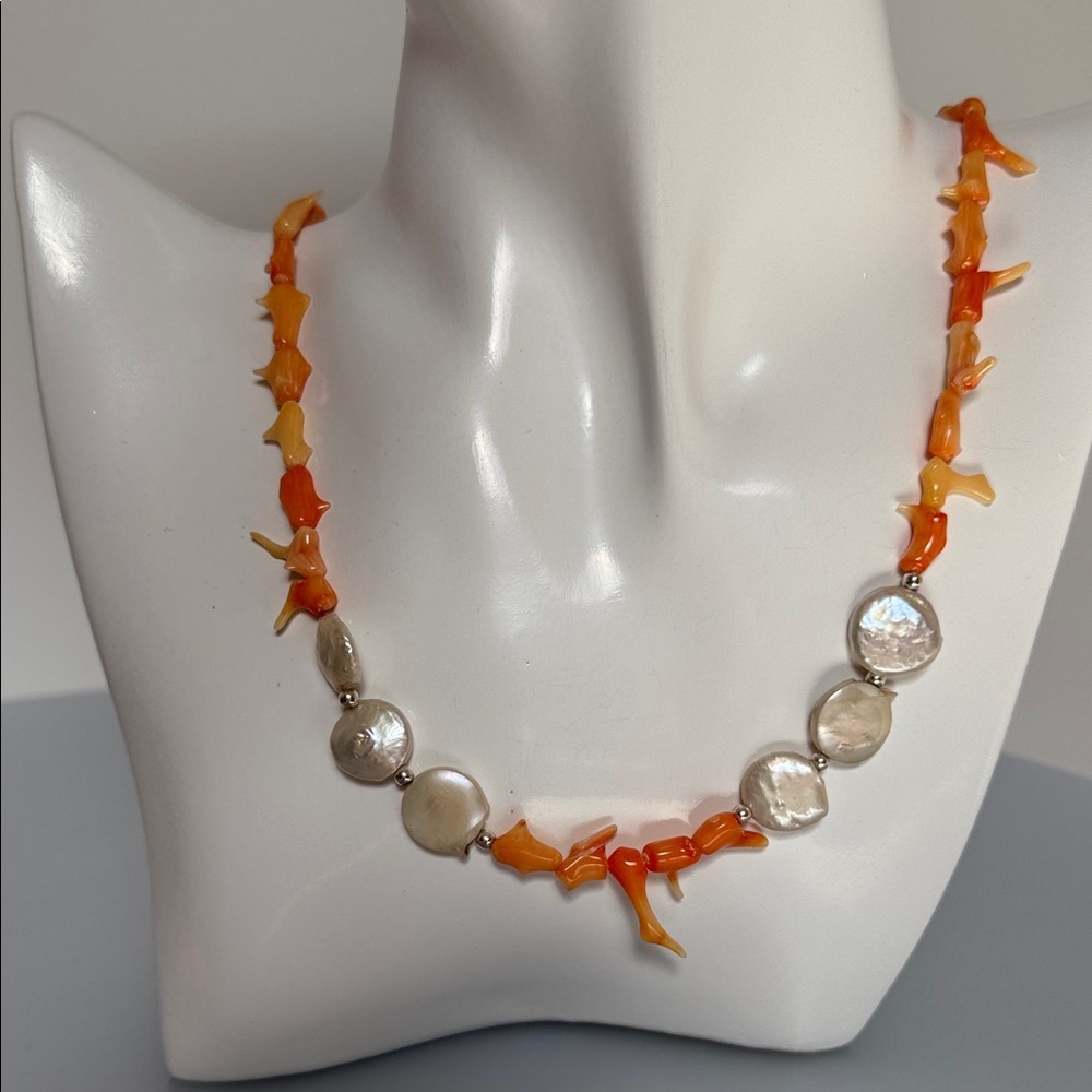 Vintage Coral  freshwater Pearls 925 sterling Silver Necklace​ - Picture 2 of 10
